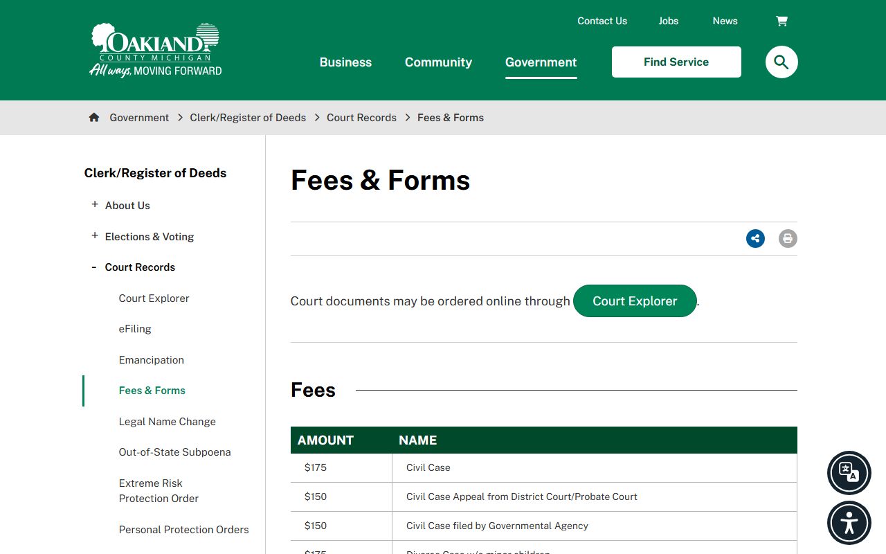 Oakland County Clerk Legal Records fees and forms court records page