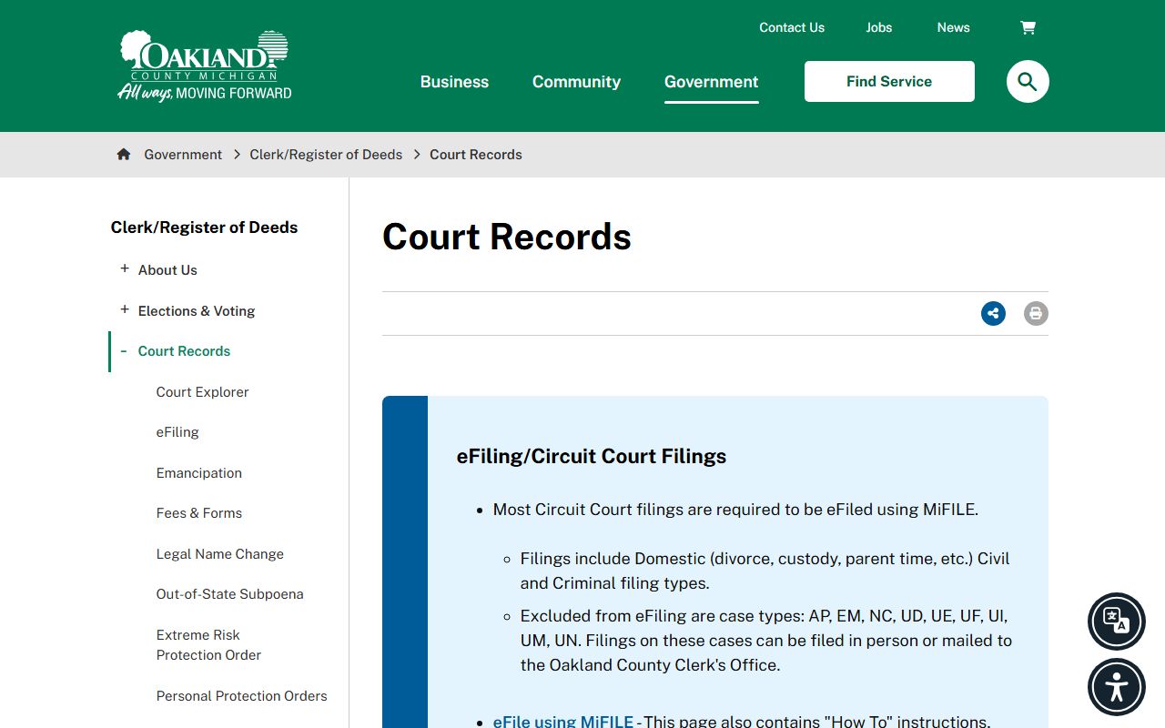 Oakland County Clerk Legal Records Division court records page