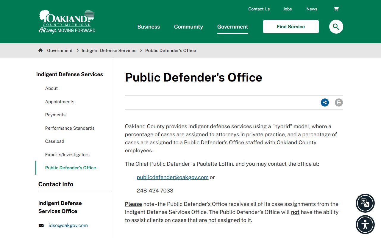 Oakland County arrest records and Public Defender's Office page