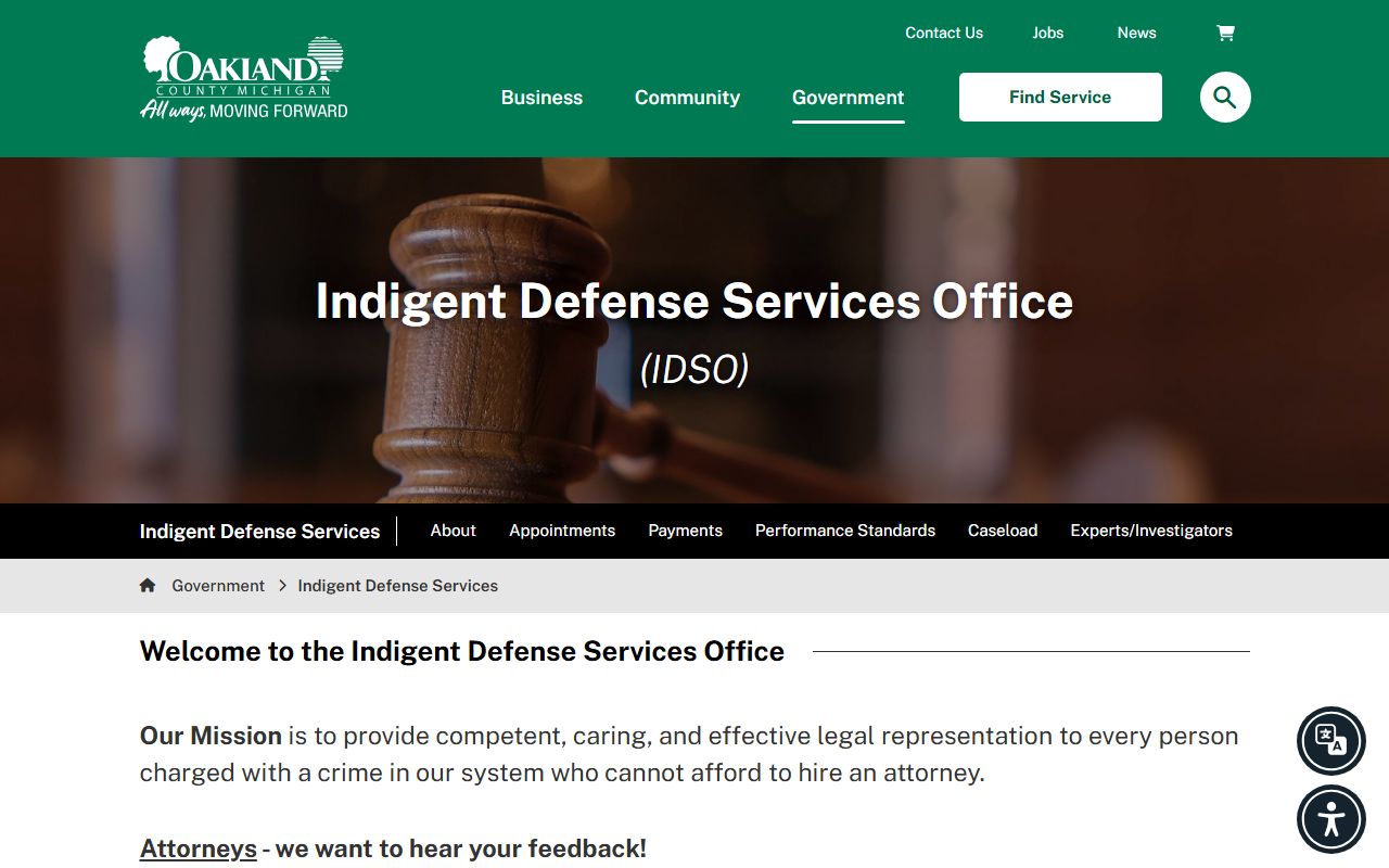 Oakland County arrest records and Indigent Defense Services office page