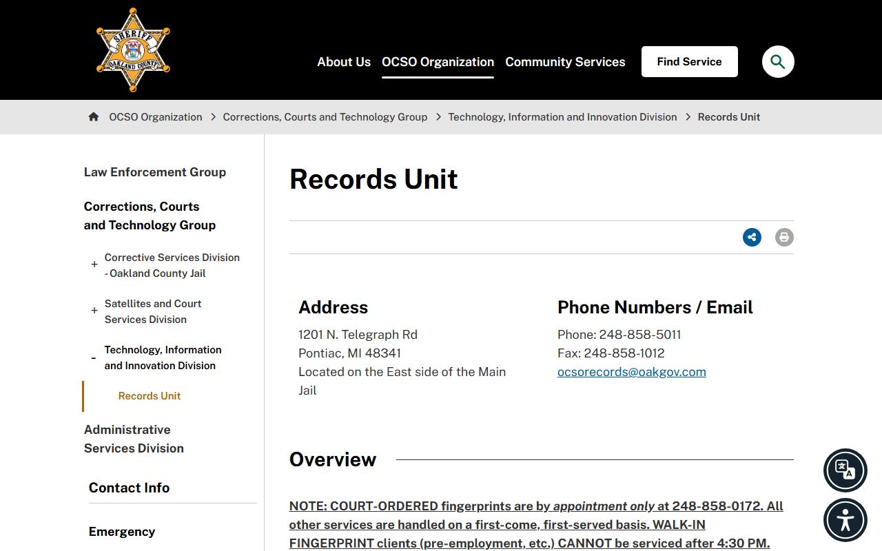 Oakland County arrest records Sheriff Corrections Records Unit page