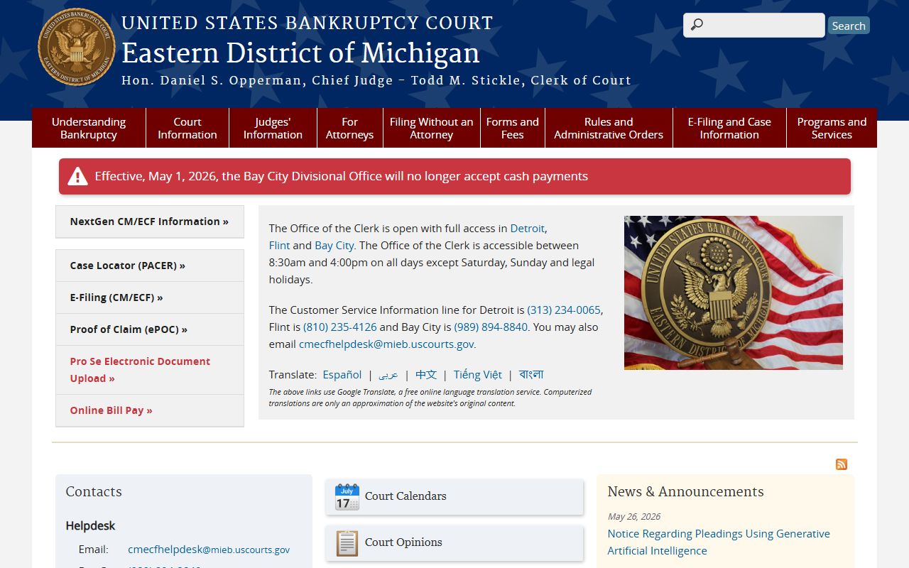 Oakland County court dockets Eastern District of Michigan bankruptcy court