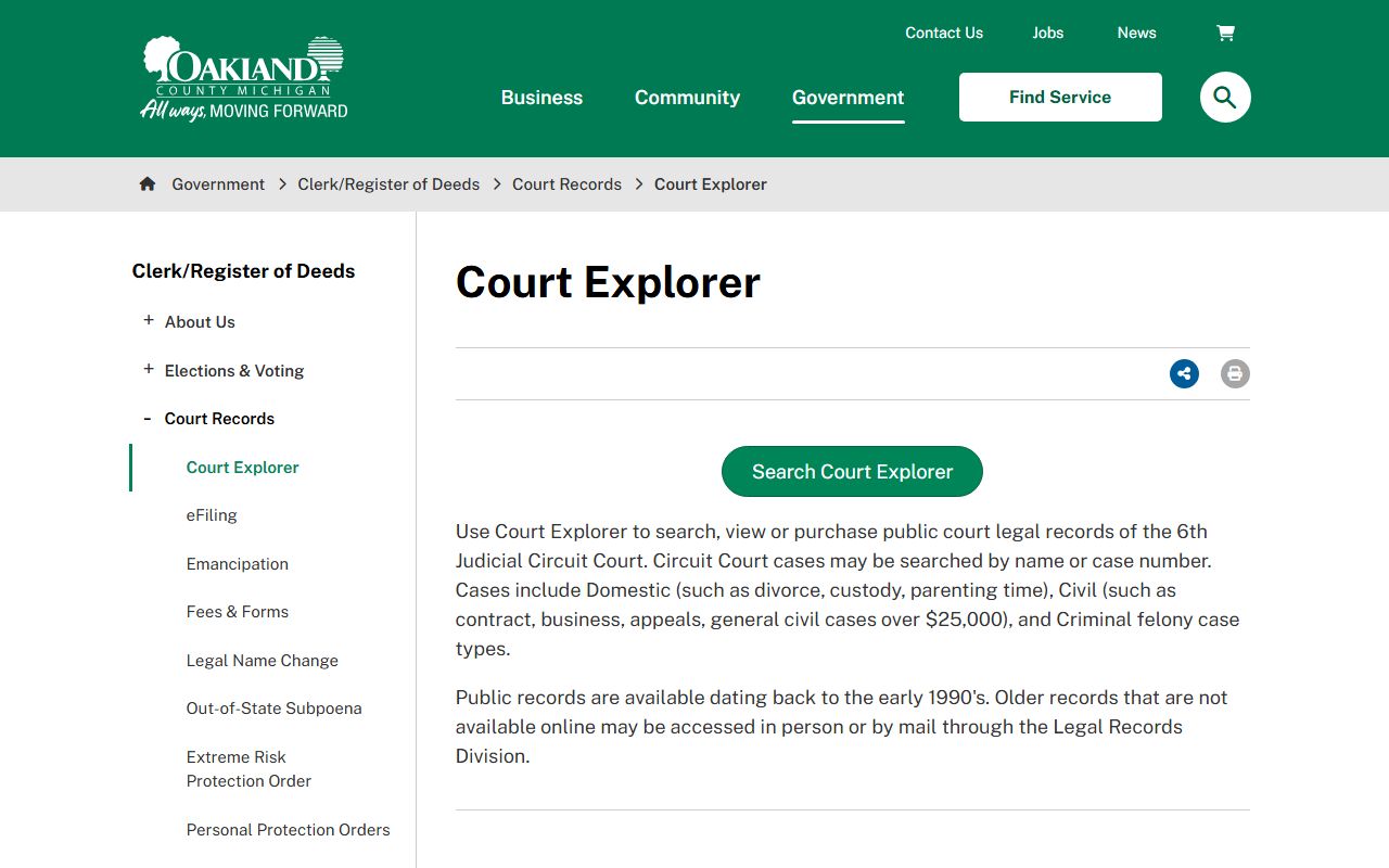Oakland County court records Court Explorer search portal explanation