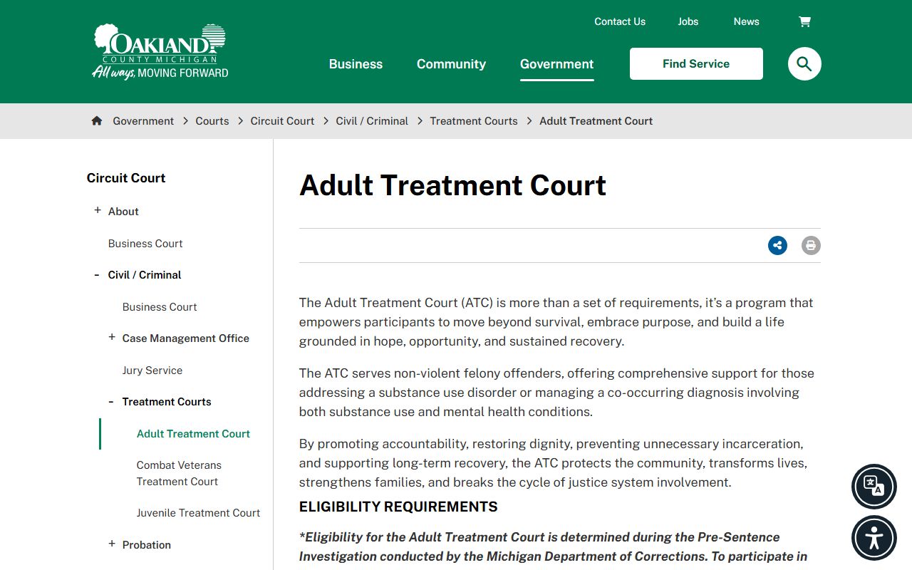 Oakland County criminal court records Circuit Court Adult Treatment Court page