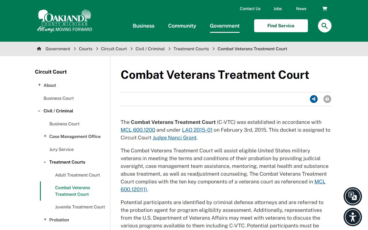 Oakland County criminal court records Combat Veterans Treatment Court page