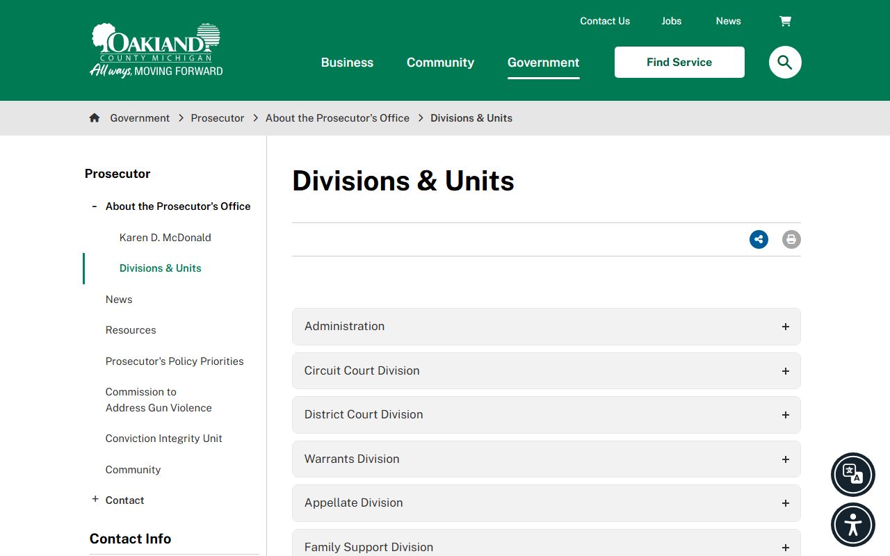 Oakland County criminal court records prosecutor divisions page