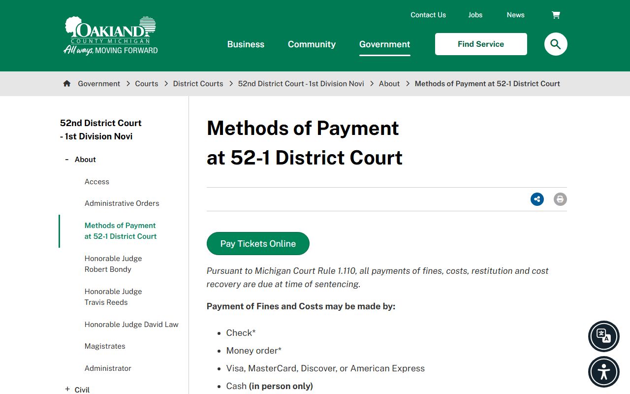 Oakland County 52-1 District Court payment methods for court records