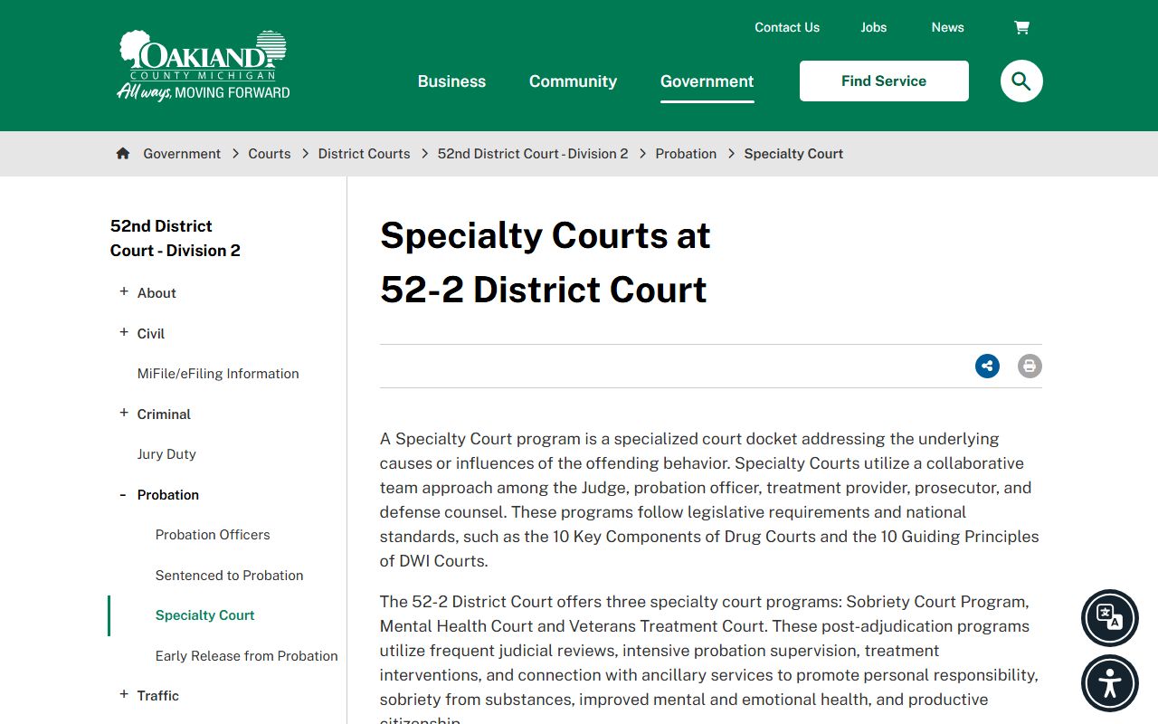 Oakland County 52-2 District Court specialty court records page