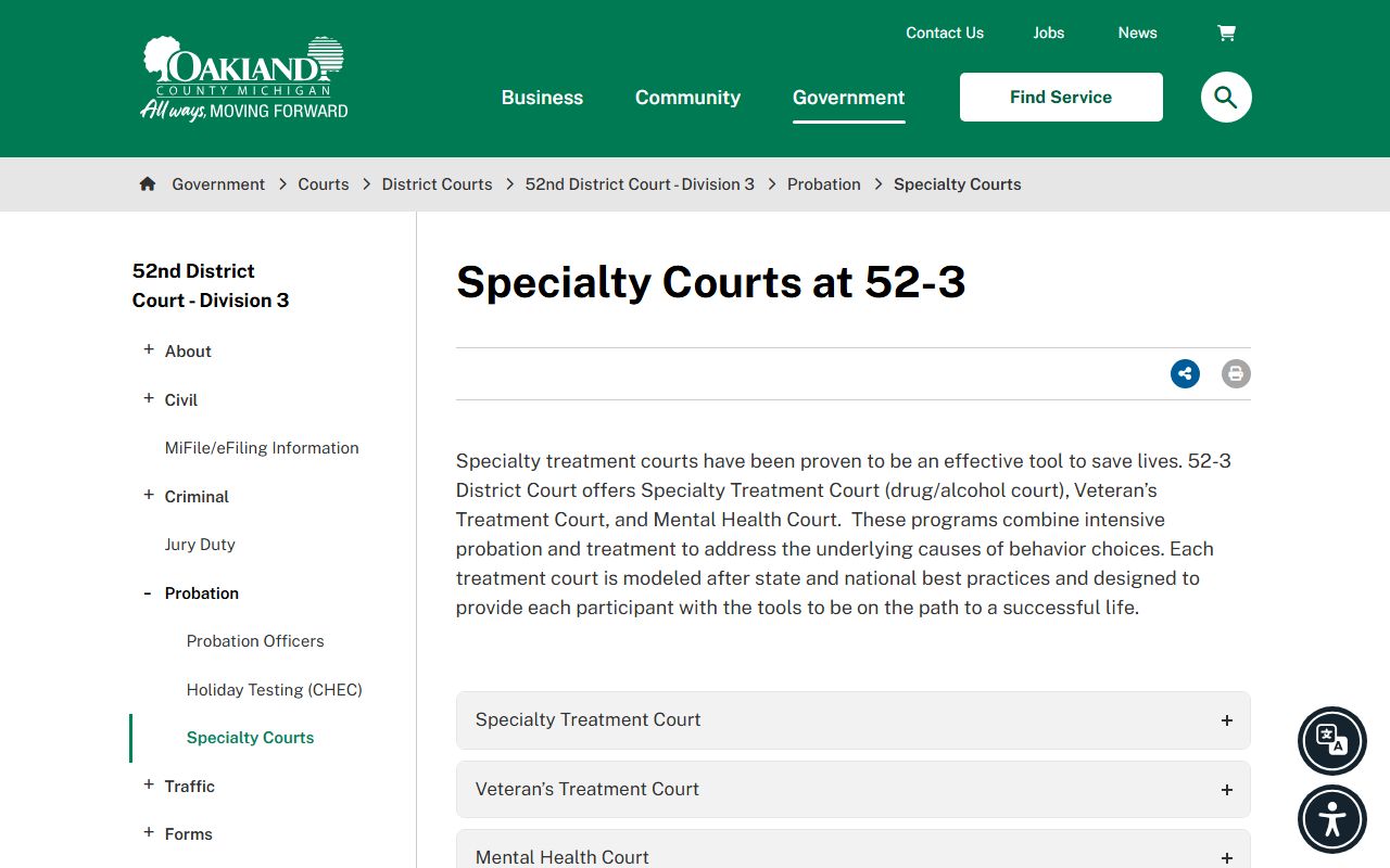 Oakland County 52-3 District Court specialty court records page