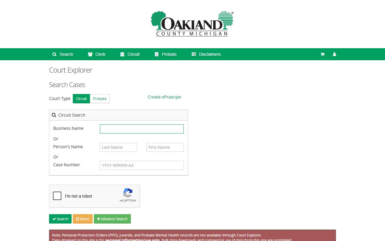 Oakland County Court Explorer search portal for Circuit Court records
