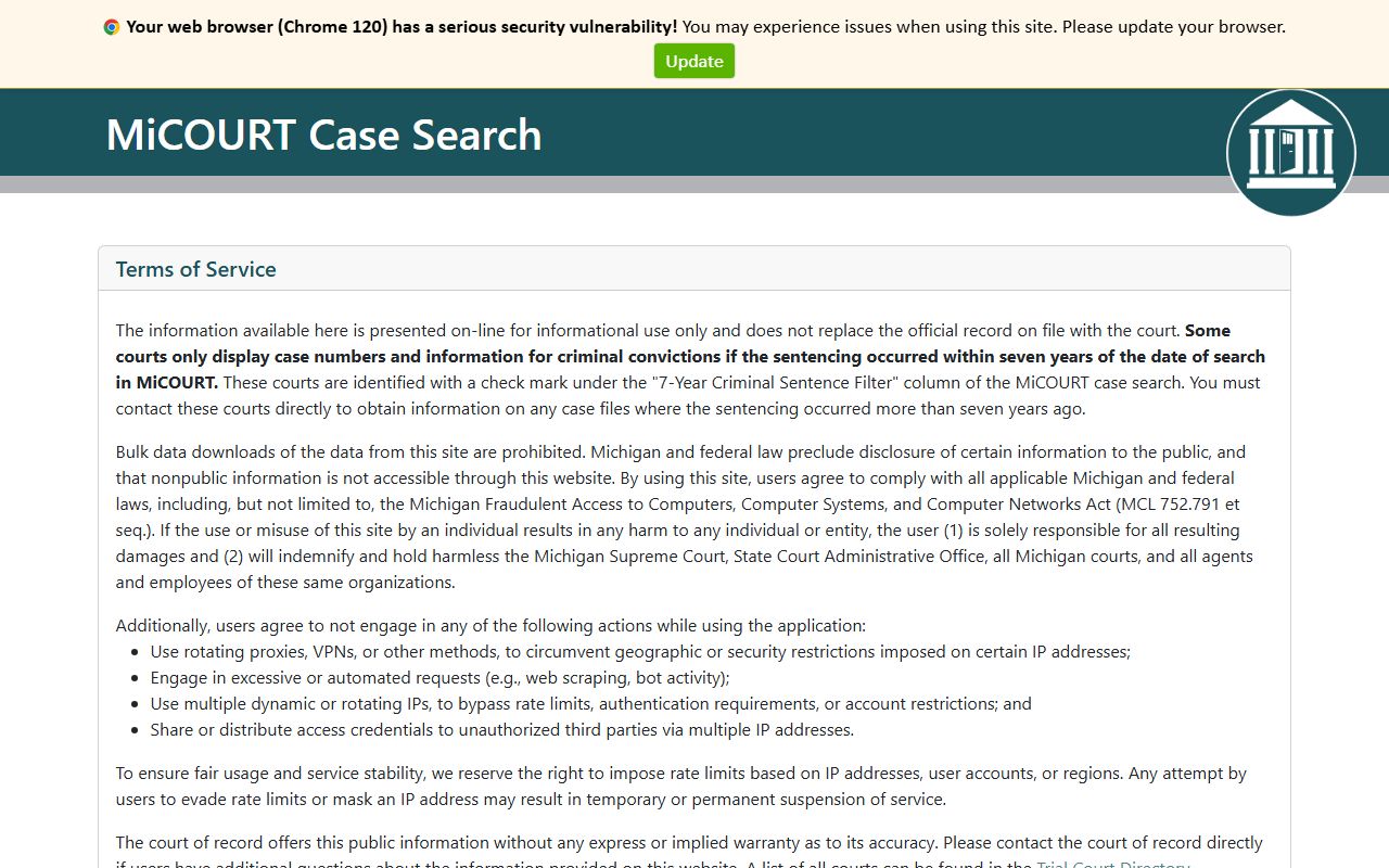Oakland County district court records on the Michigan MiCOURT case search portal