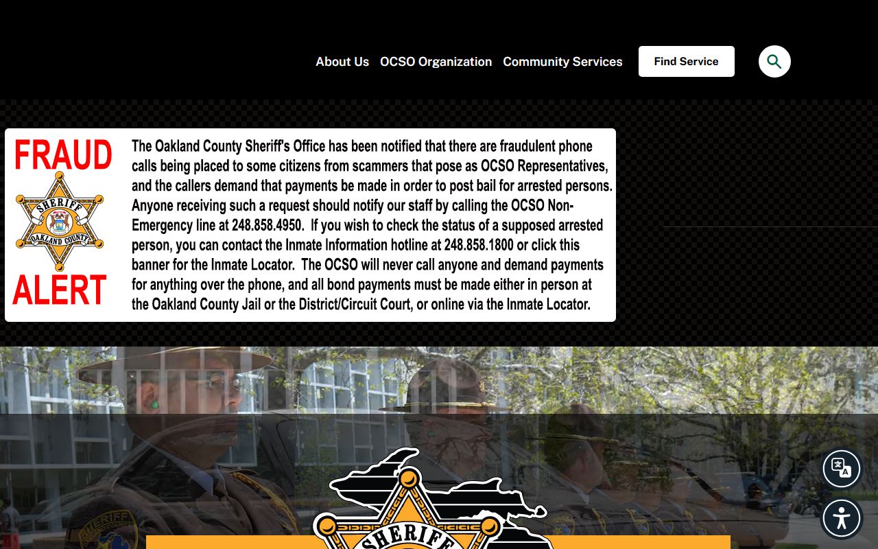 Oakland County Sheriff's Office homepage with inmate and offender records links