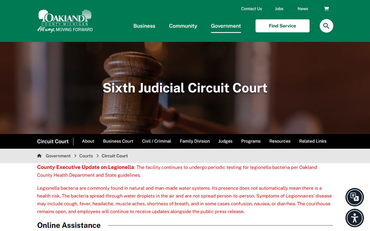 Oakland County Sixth Judicial Circuit Court page for felony and civil court records