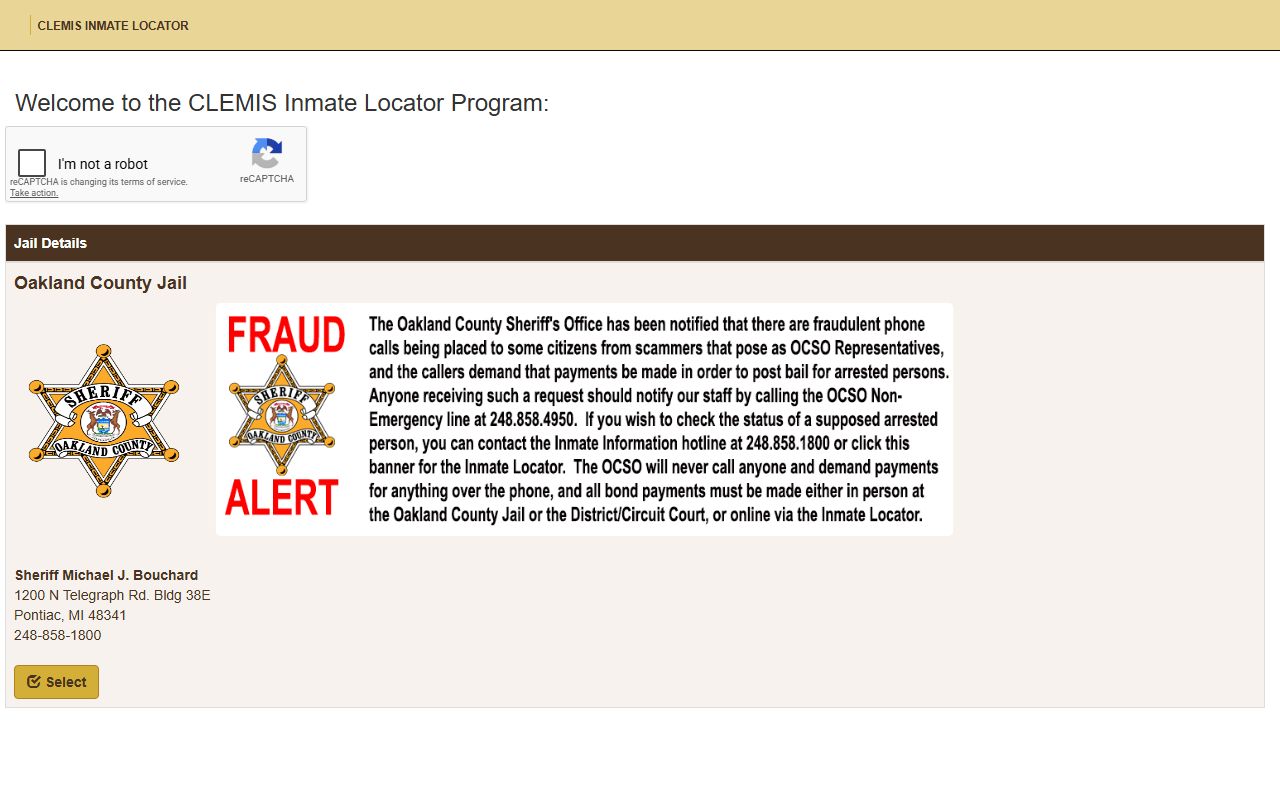 Oakland County CLEMIS Inmate Locator jail roster search page