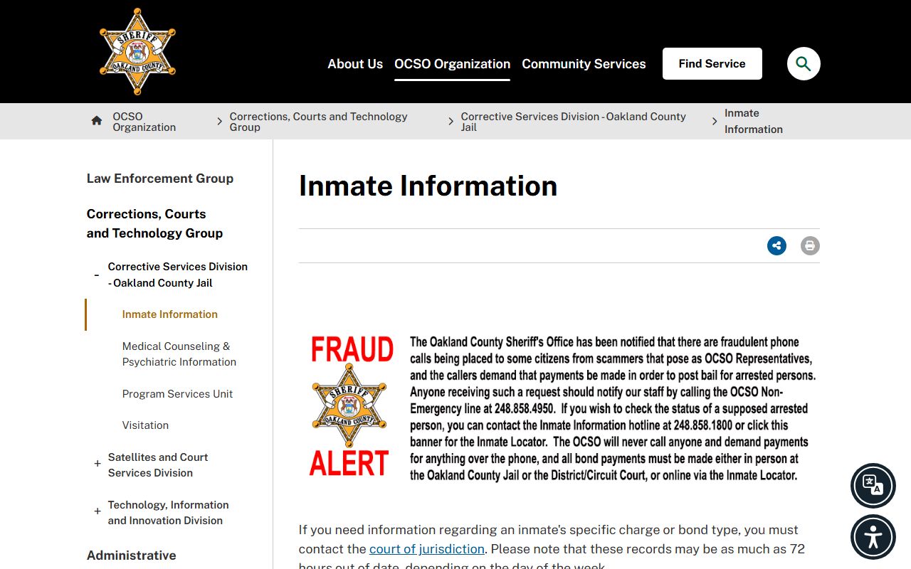 Oakland County Jail inmate records contact and information page