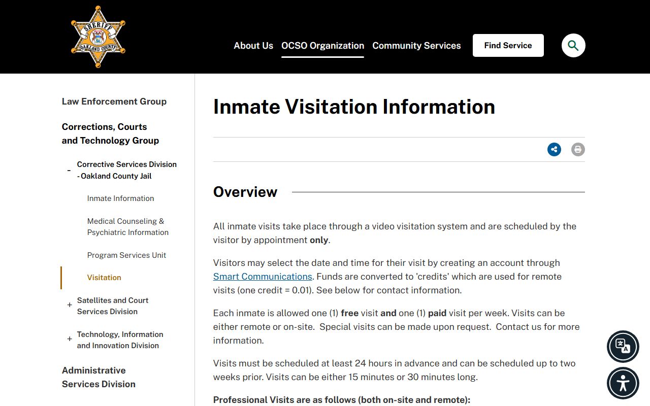 Oakland County Jail visitation schedule and inmate records rules