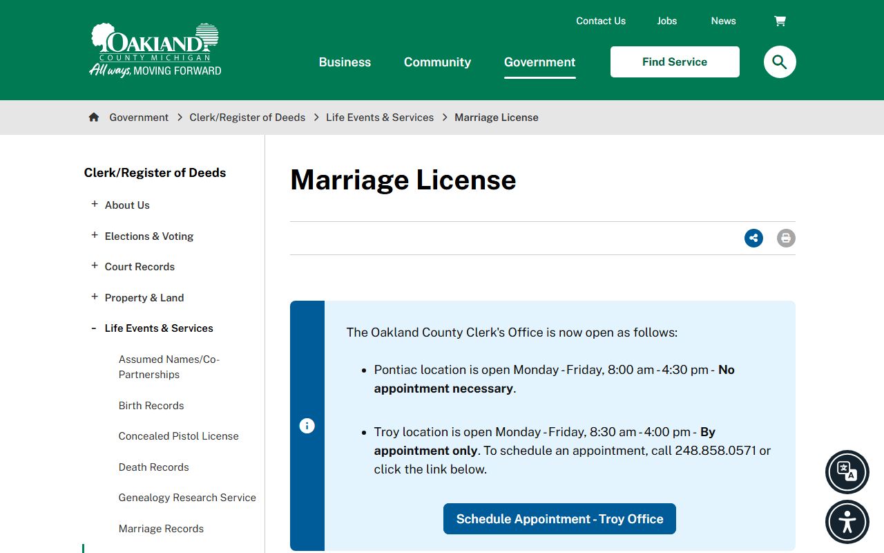 Oakland County marriage records license application page