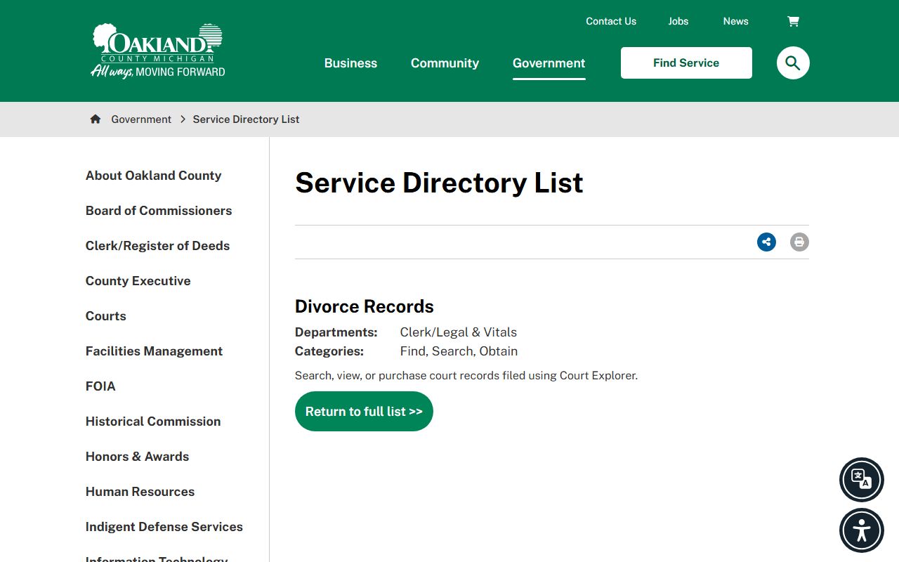 Oakland County divorce records service directory page