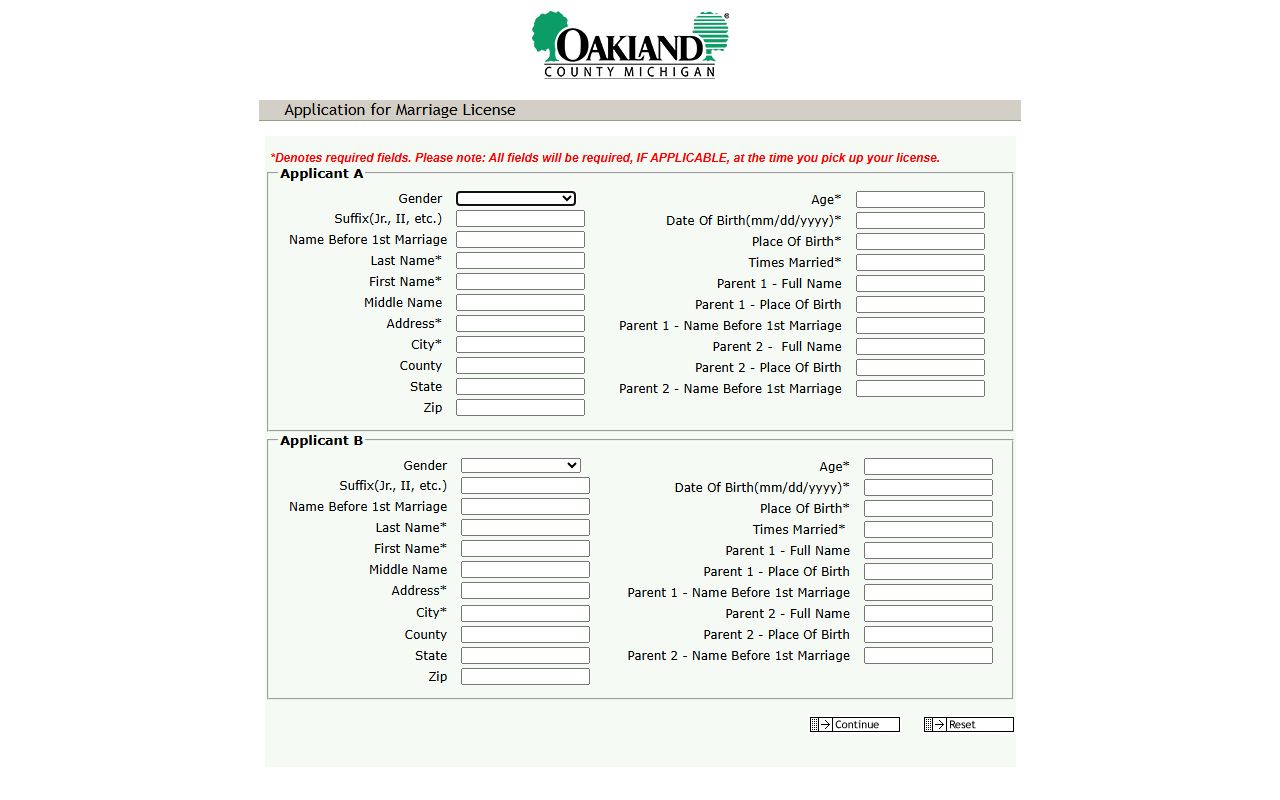 Oakland County marriage records online application form