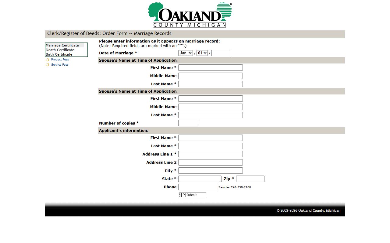 Oakland County marriage records online certificate order form