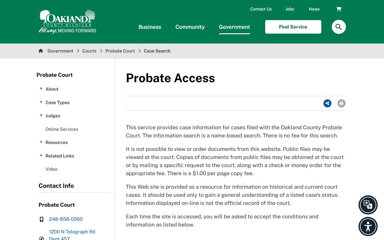 Oakland County probate records Probate Access case search page