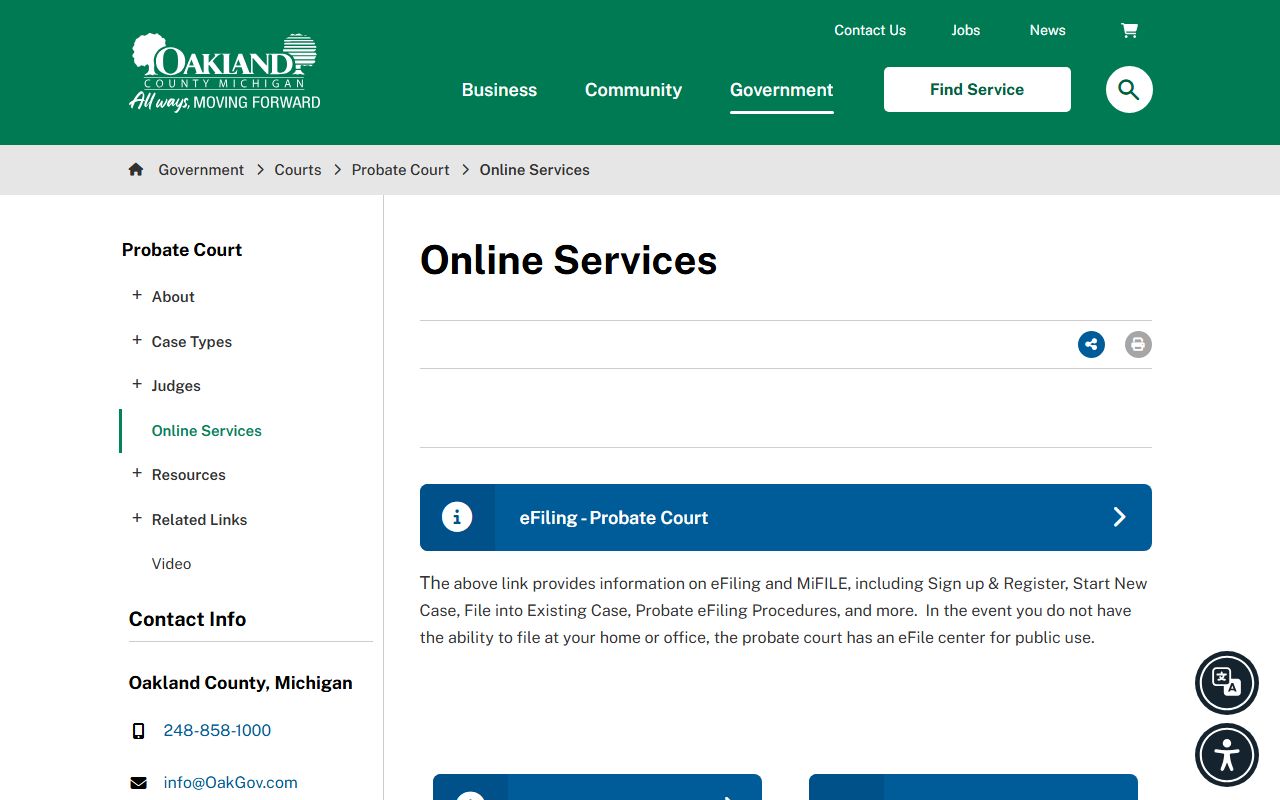 Oakland County probate records online services page