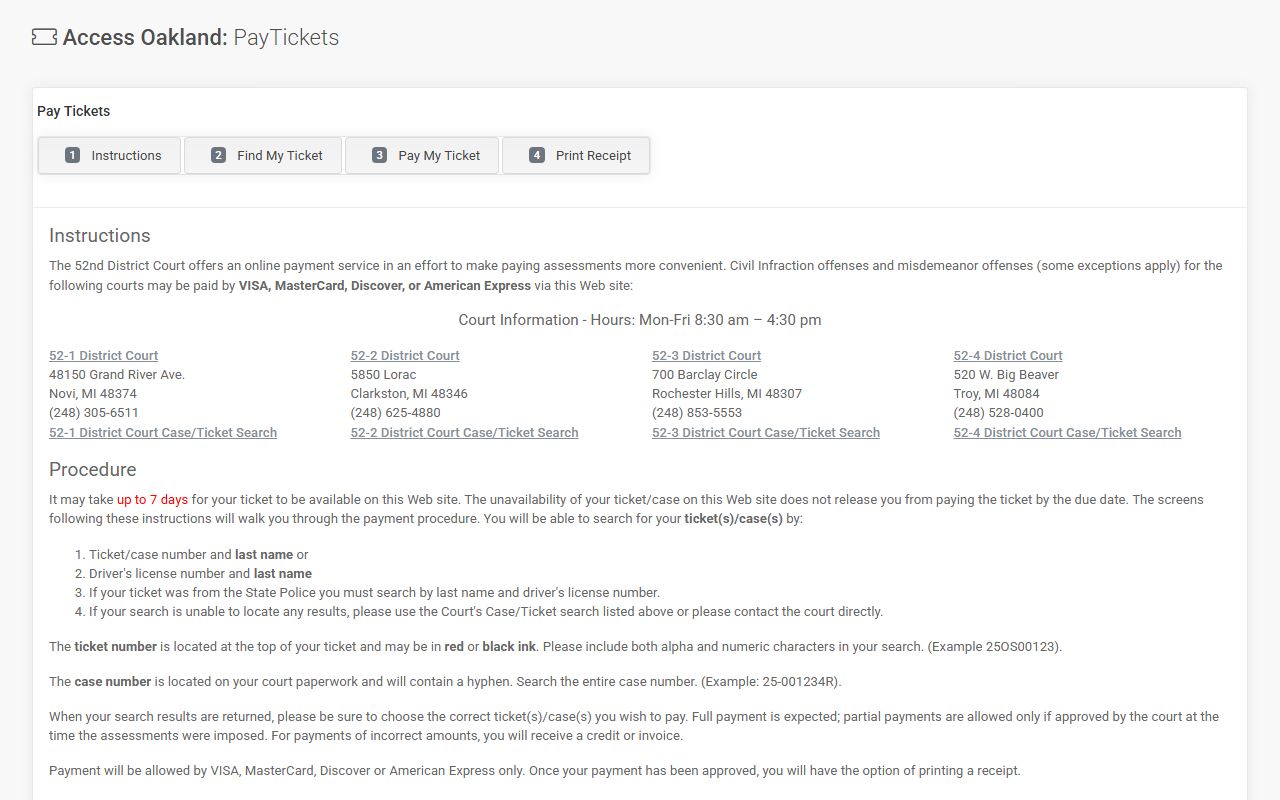 Oakland County 52nd District Court traffic court records online ticket payment portal
