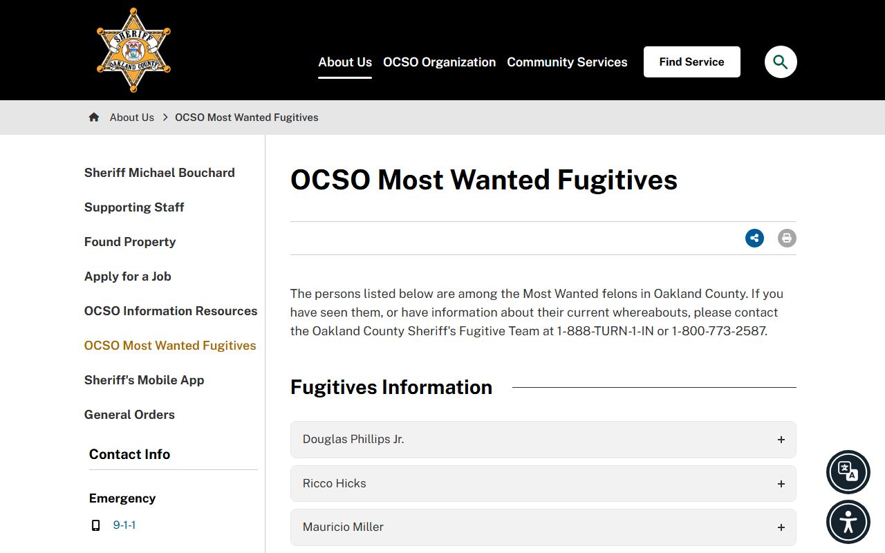 Oakland County Sheriff Most Wanted warrant records fugitive page